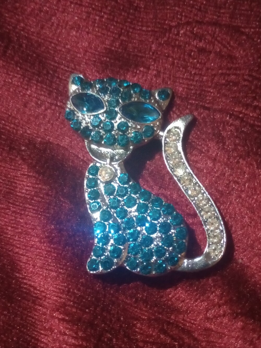 Gunmetal And Blue Crystal Cat Brooch